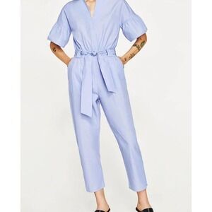 Zara Blue Poplin Open Back Jumpsuit Size XS